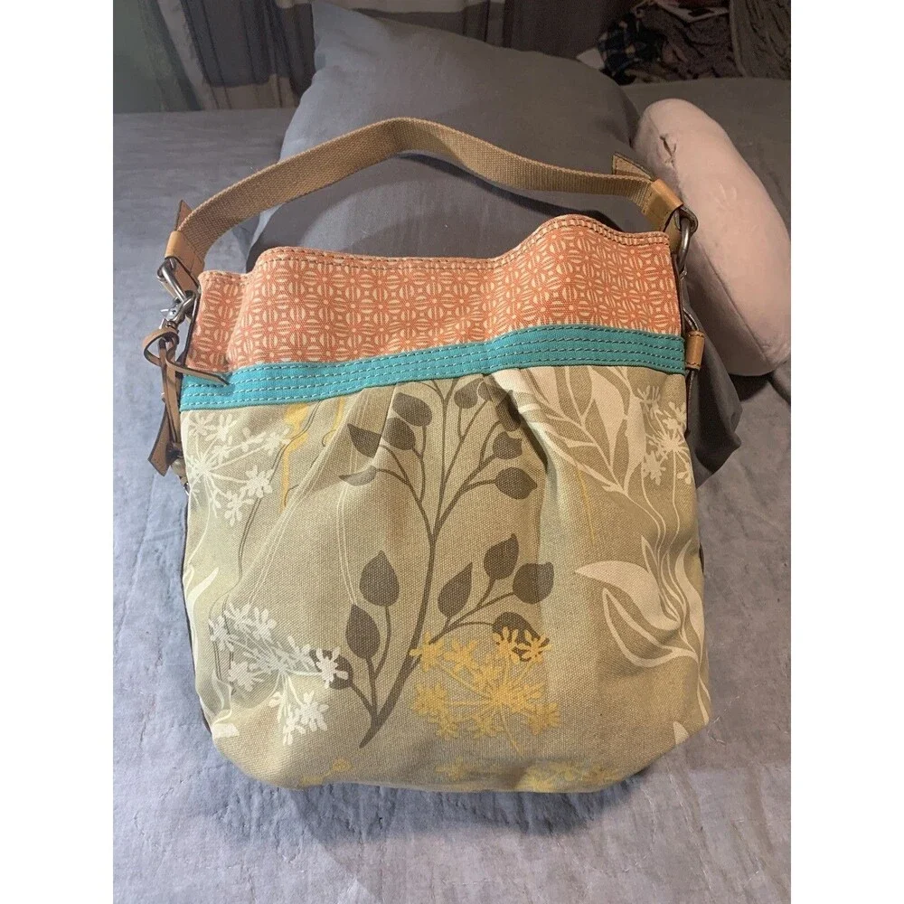 Vintage Fossil Canvas Hobo Purse Large, Tan and Coral Floral, with Key